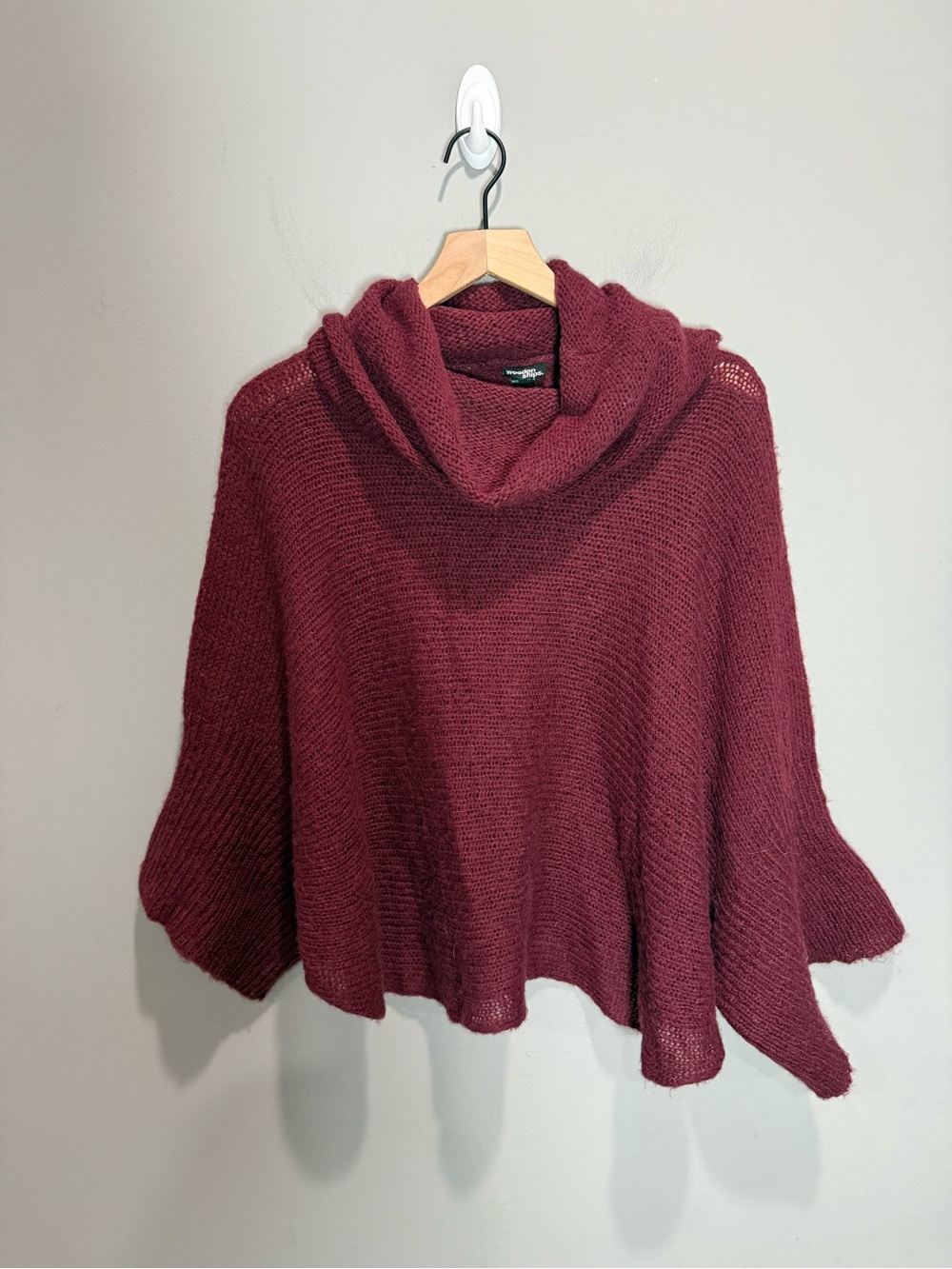 Wooden Ships Mohair Wool Poncho Sweater M/L Burgundy Cowl Neck Batwing